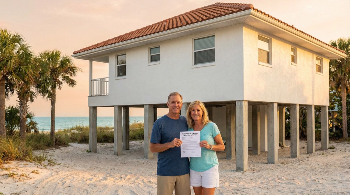 Happy homeowners holding their approved flood insurance premium reduction certificate in front of their elevated coastal Florida home