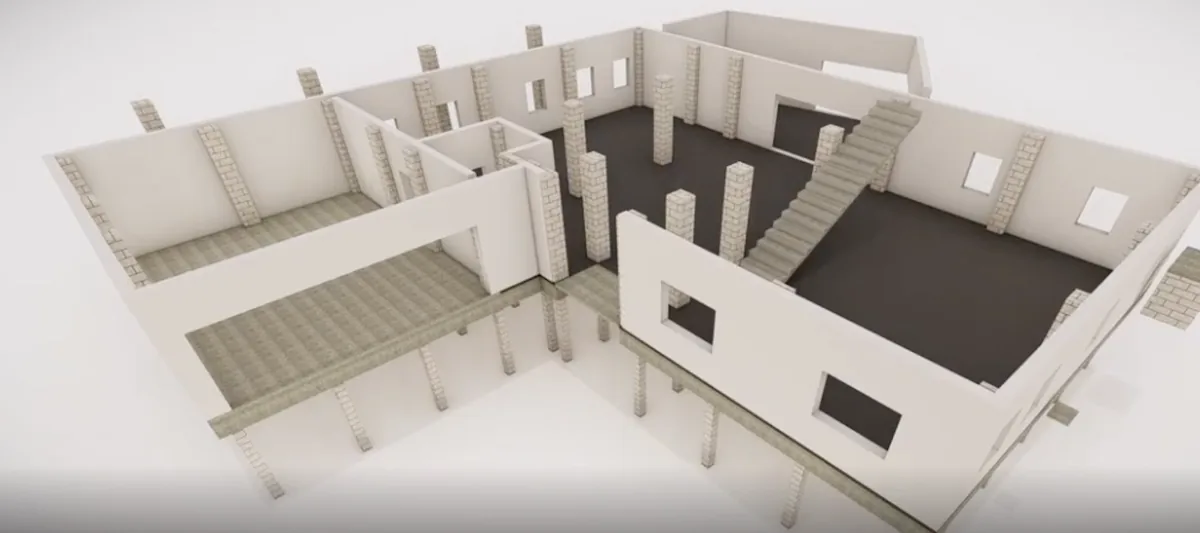 3D rendering of elevated structure with walls and interior layout on pilings